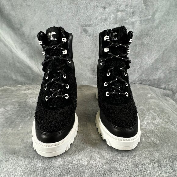 Sorel Womens boots 8.5 Brex Black leather Faux shearling block heel lace-up boot - Picture 2 of 16